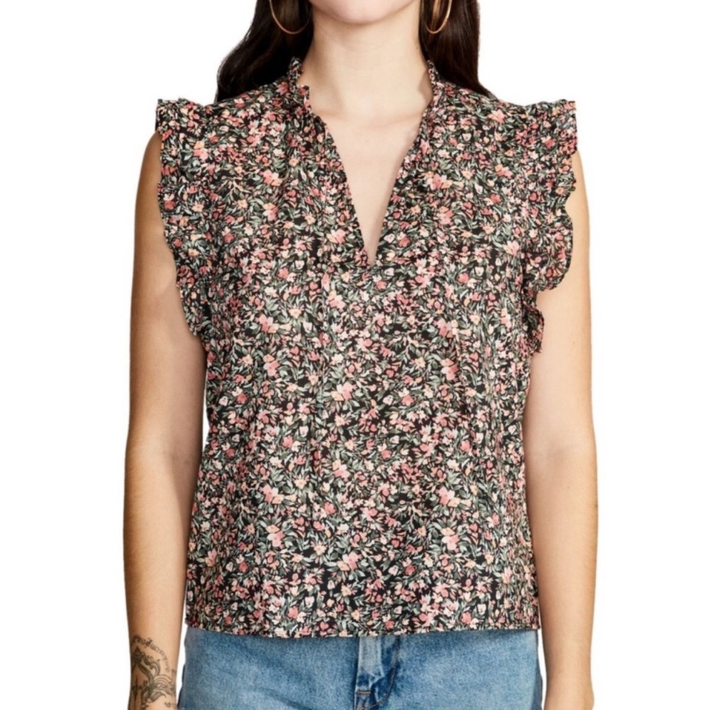 BB Dakota x Steve Madden Black Pink Floral Ruffle Sleeve Cotton Top Size S